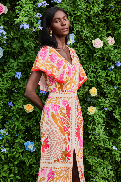 Floral V-Neck Split Backless Midi Dress