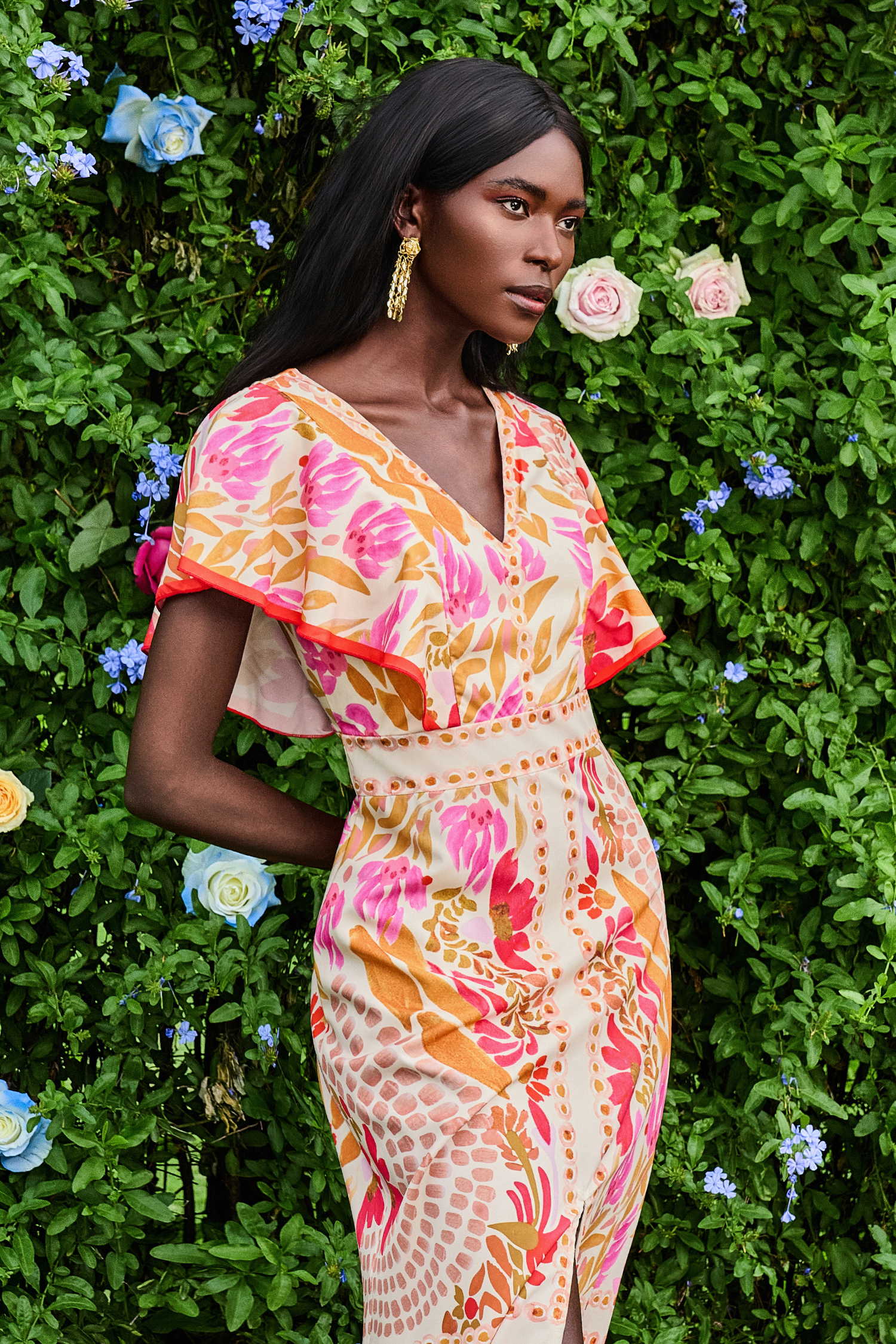 Floral V-Neck Split Backless Midi Dress