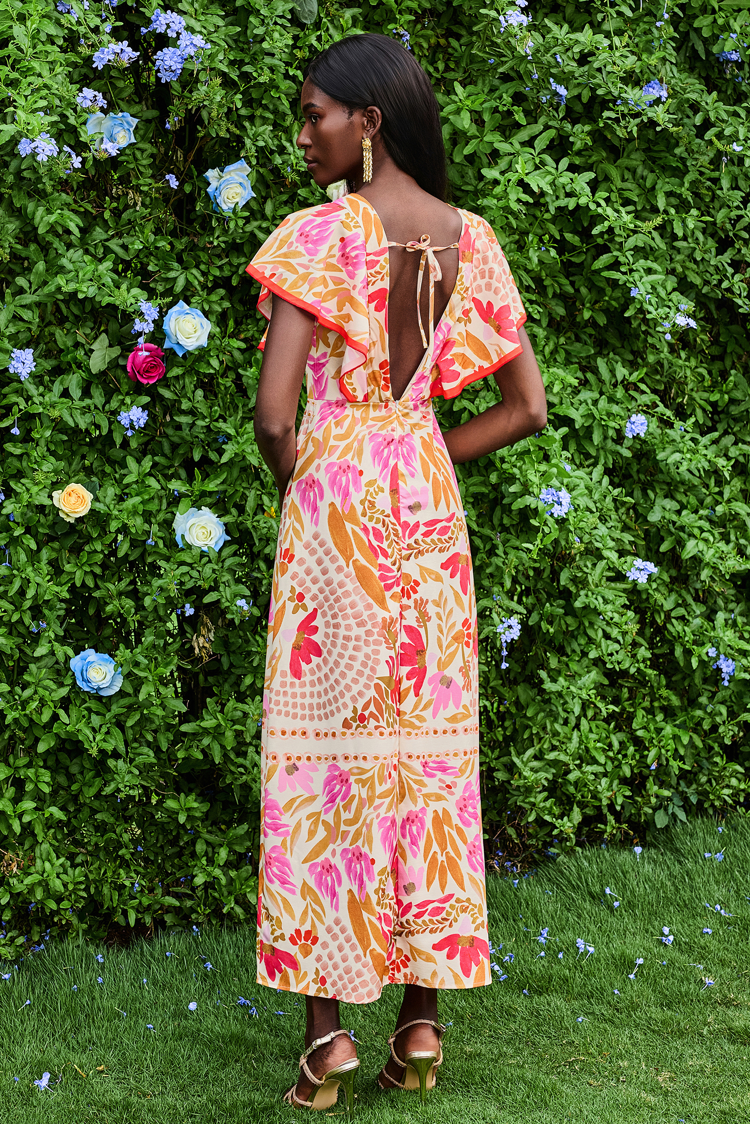 Floral V-Neck Split Backless Midi Dress