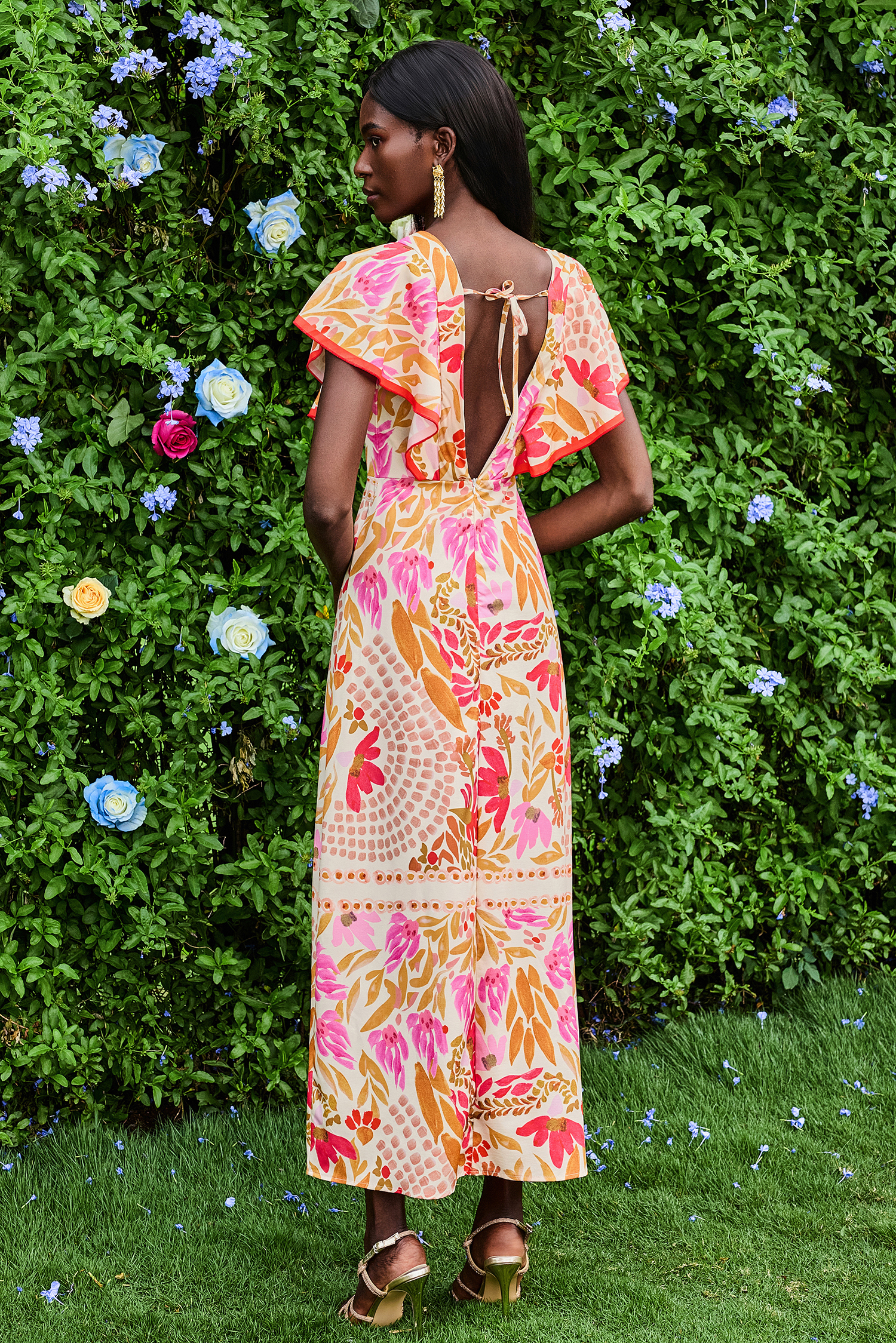 Floral V-Neck Split Backless Midi Dress