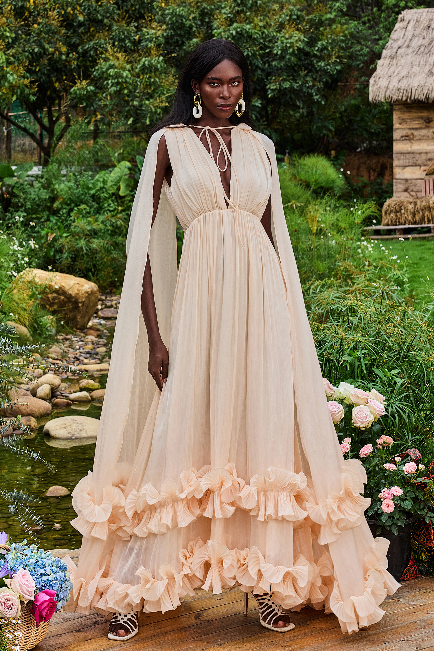 Satin Deep V-Neck Cape Sleeve Midi Dress