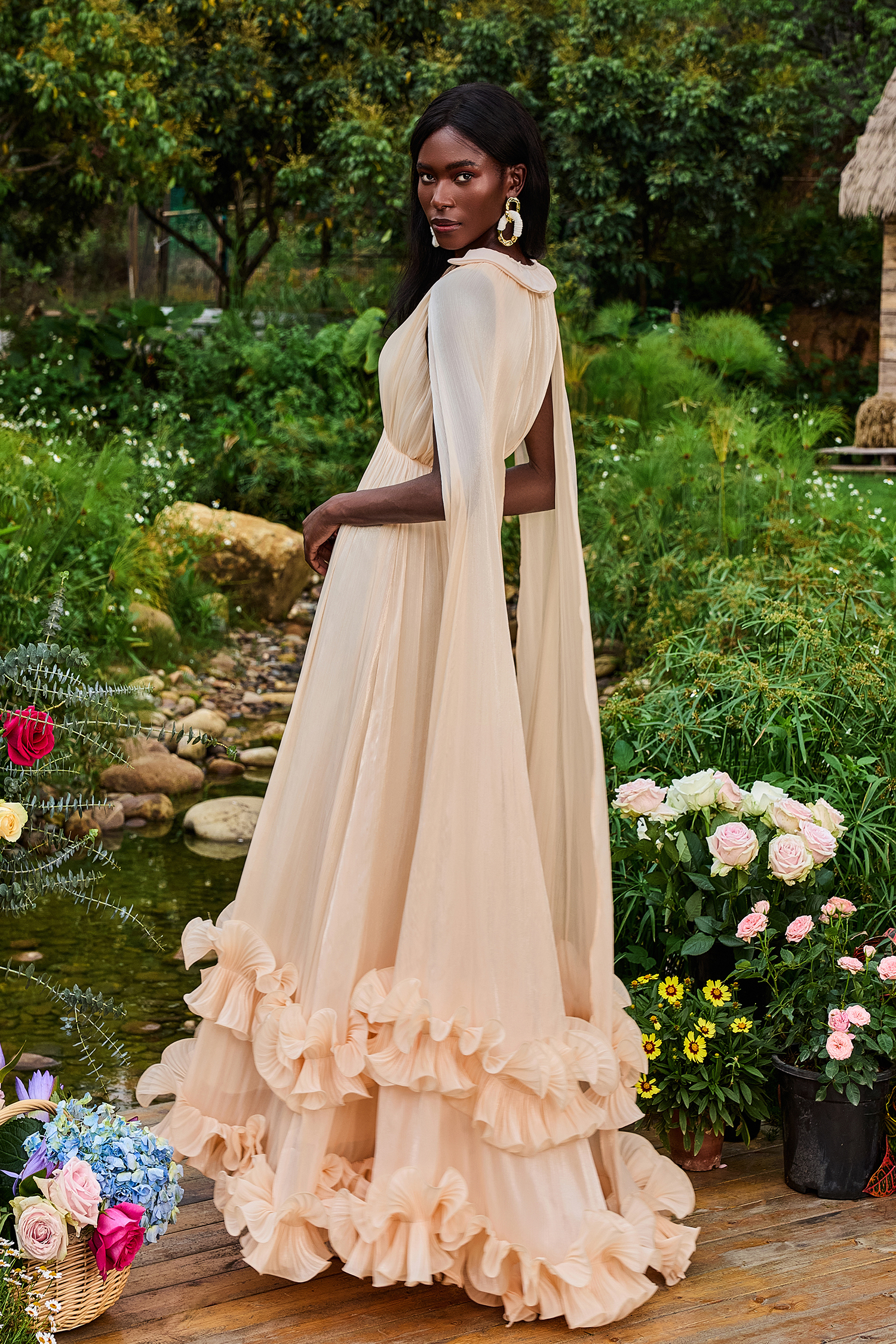 Satin Deep V-Neck Cape Sleeve Midi Dress