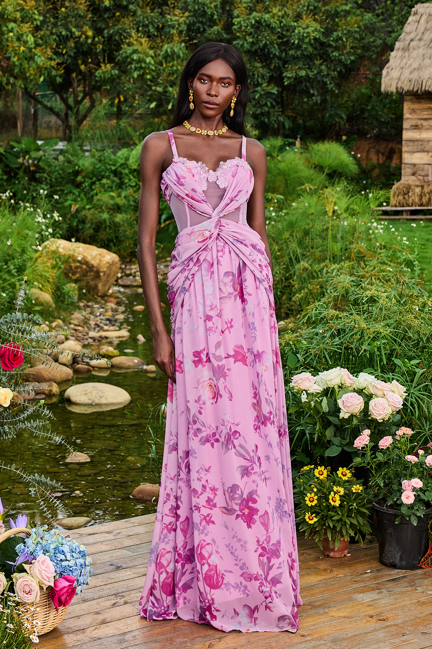 Lace Splicing Knotted Maxi Dress