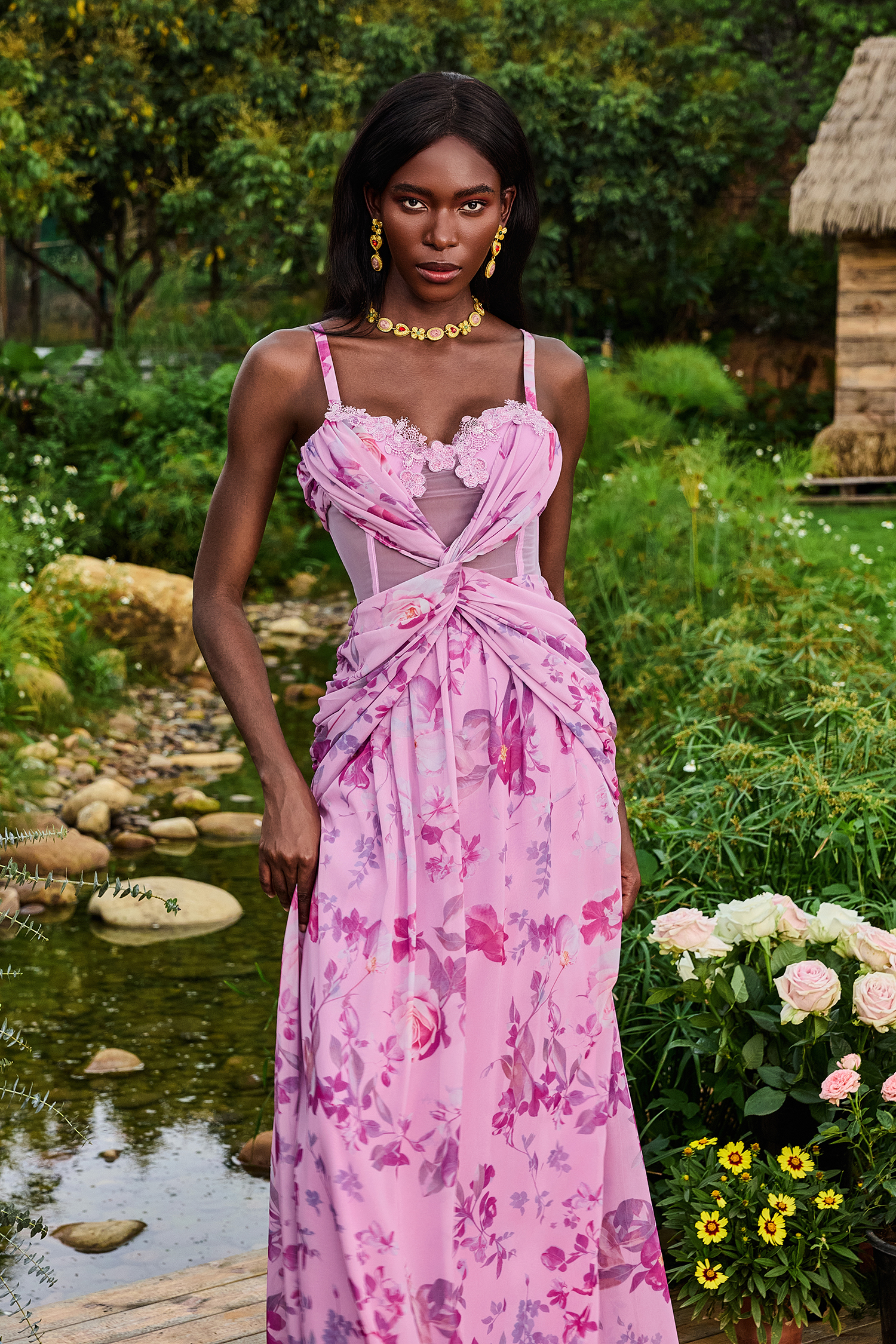 Lace Splicing Knotted Maxi Dress