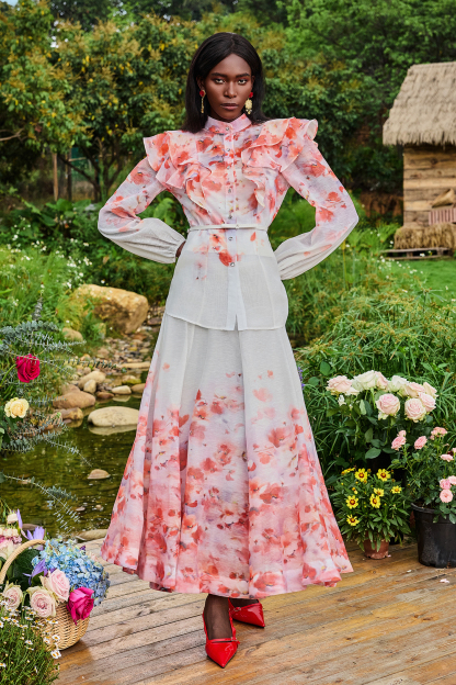 Floral Lantern Sleeve Stand Collar Top & Mid Waist Skirt Set