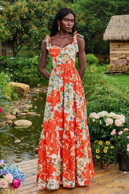 Floral Lace-Up Sweetheart Neck Midi Dress