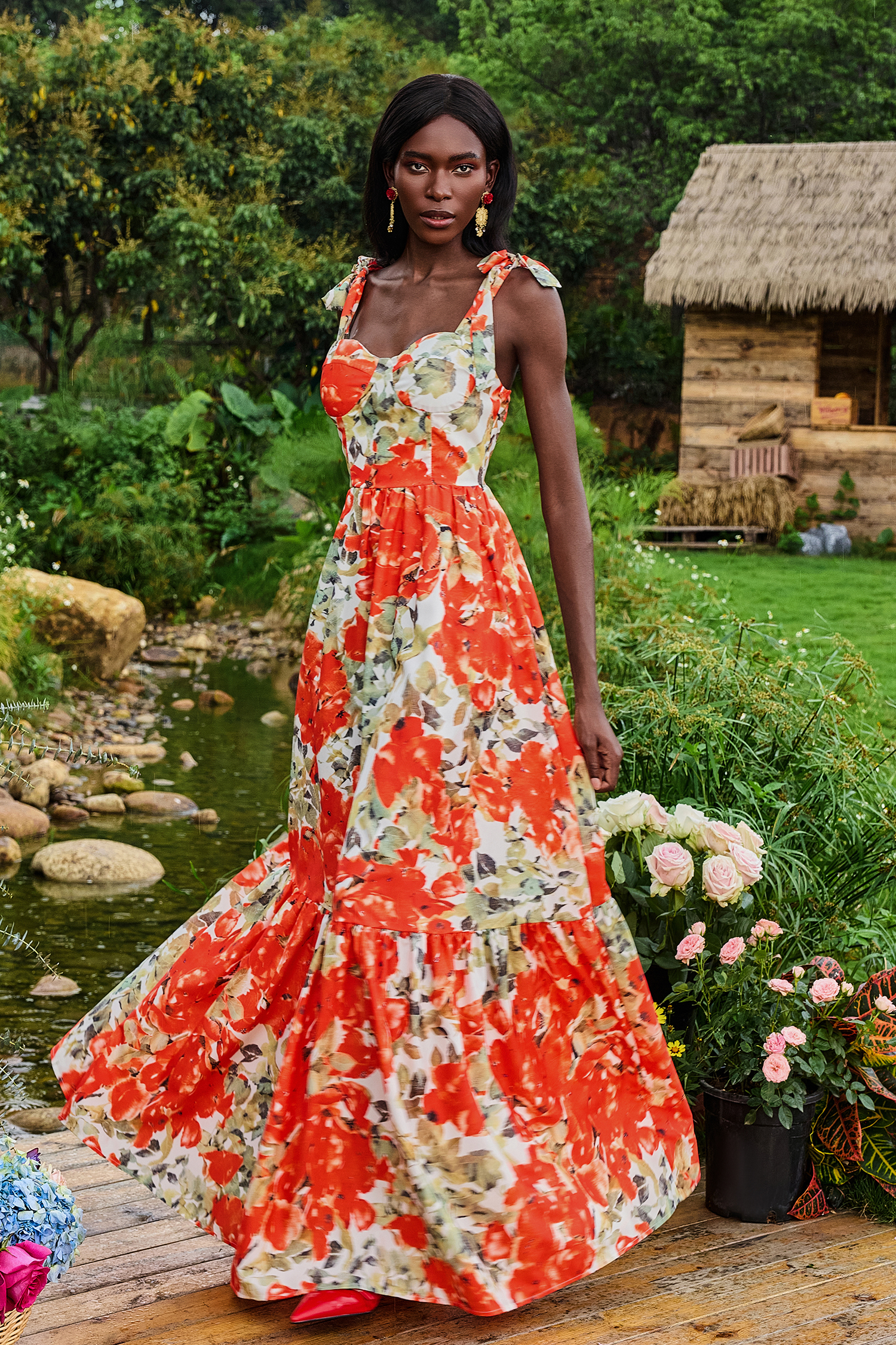 Floral Lace-Up Sweetheart Neck Midi Dress