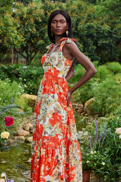 Floral Lace-Up Sweetheart Neck Midi Dress