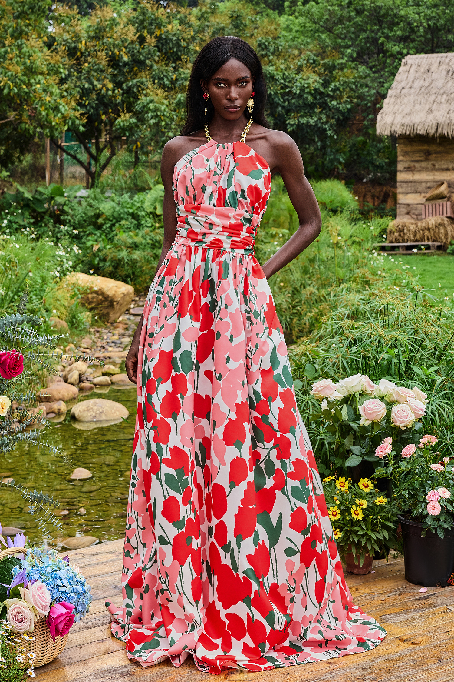 Metal Halter Neck Floral Maxi Dress