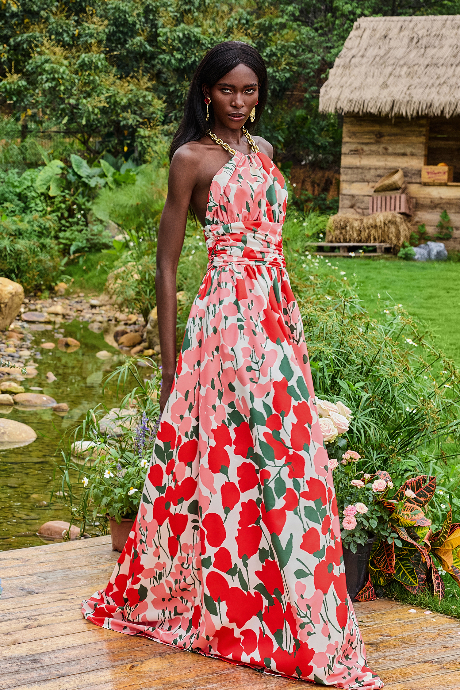 Metal Halter Neck Floral Maxi Dress