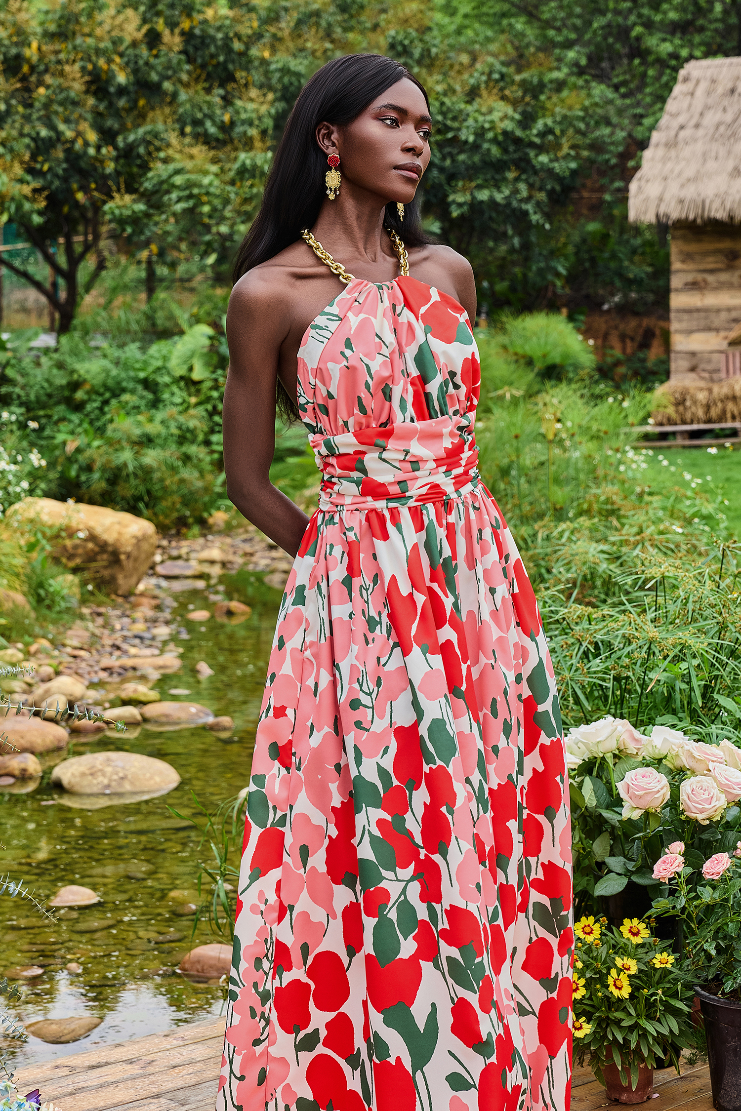 Metal Halter Neck Floral Maxi Dress