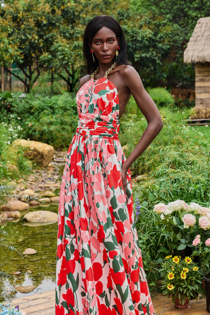 Metal Halter Neck Floral Maxi Dress