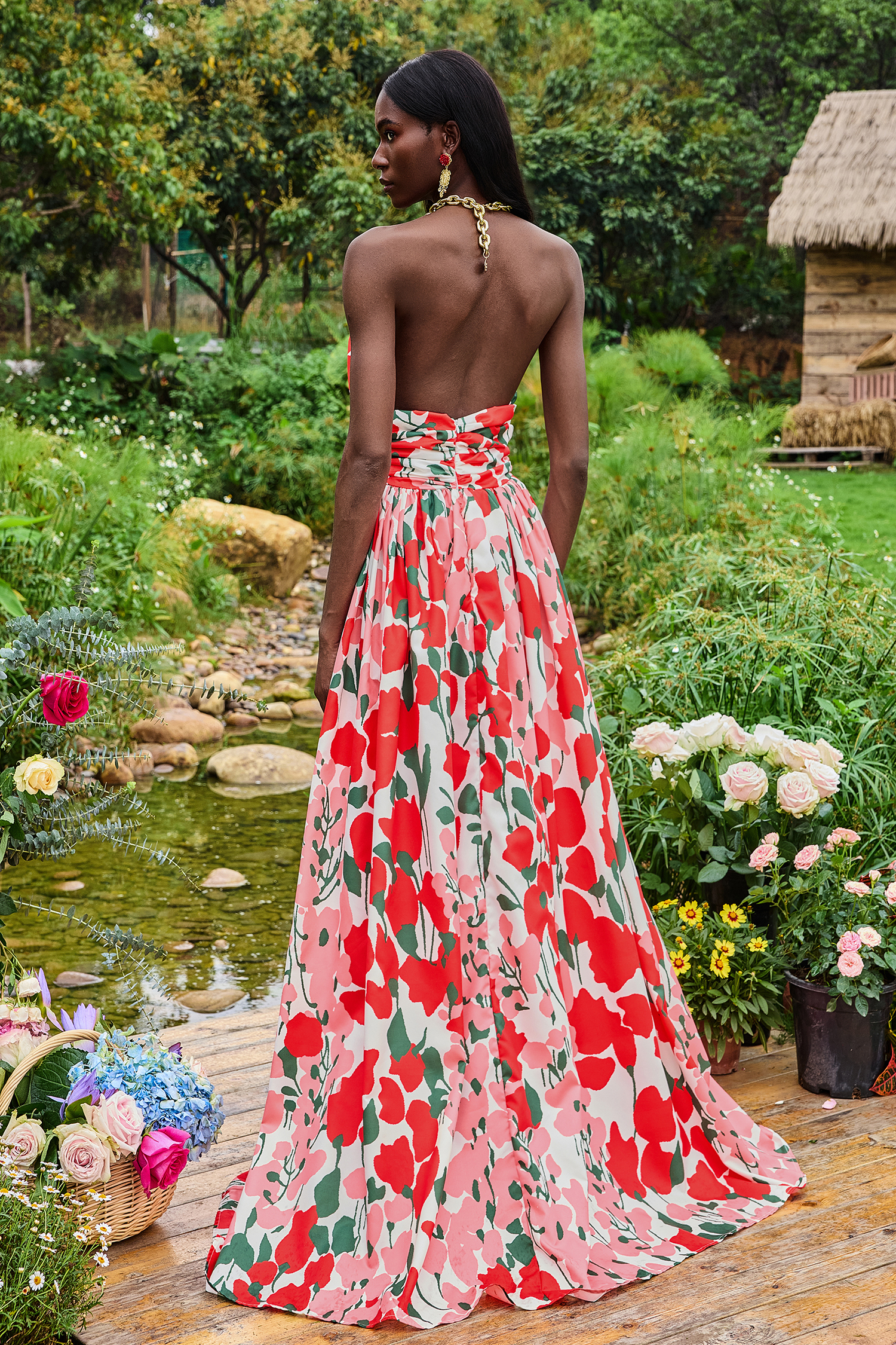 Metal Halter Neck Floral Maxi Dress