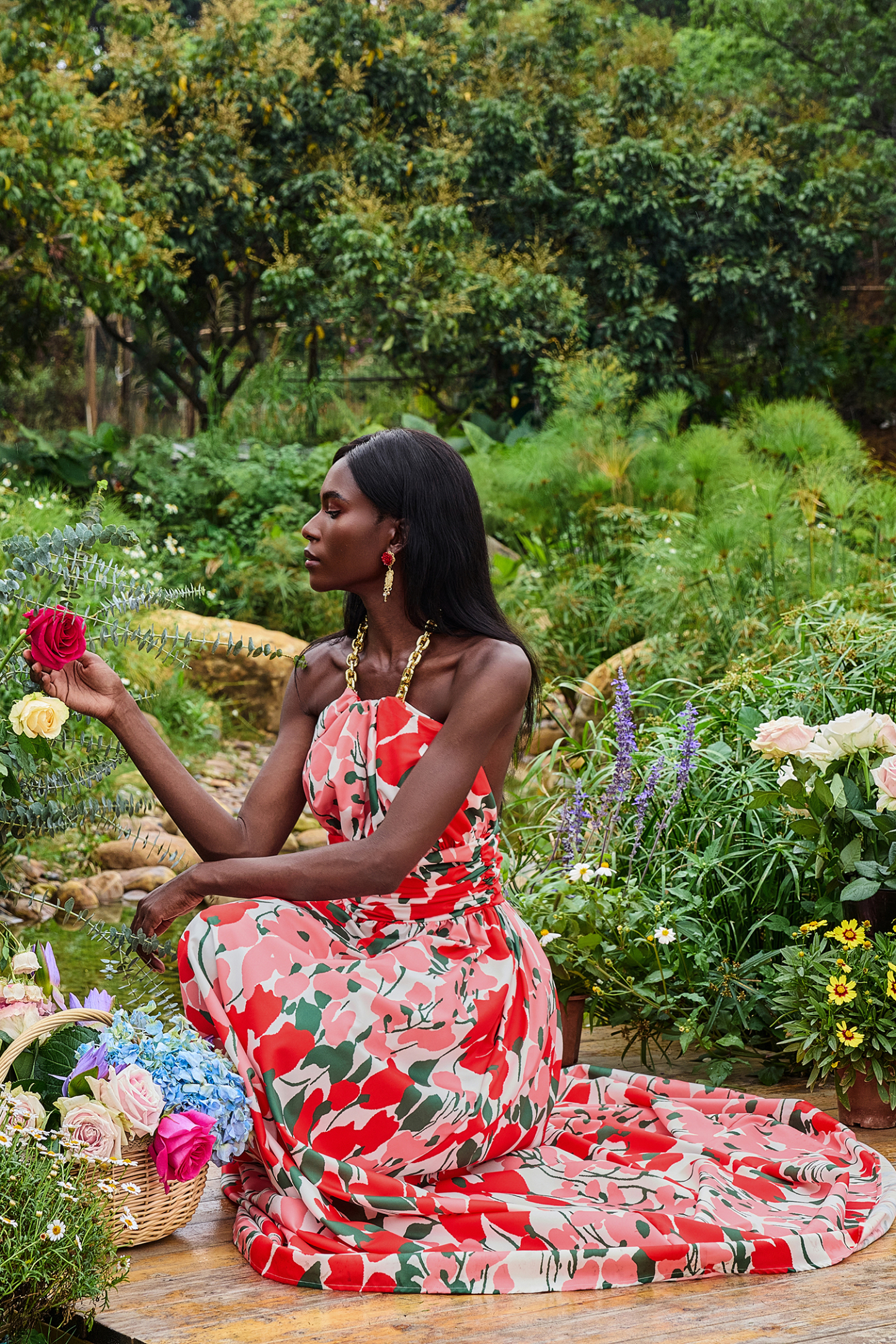 Metal Halter Neck Floral Maxi Dress