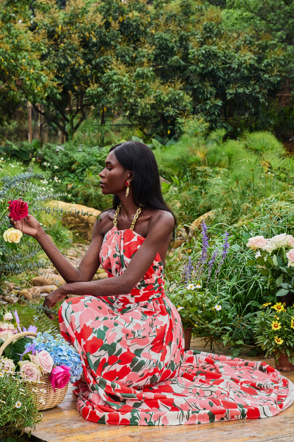 Metal Halter Neck Floral Maxi Dress
