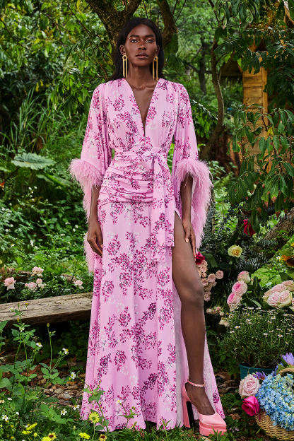 Feather Floral Long Sleeve Split Maxi Dress