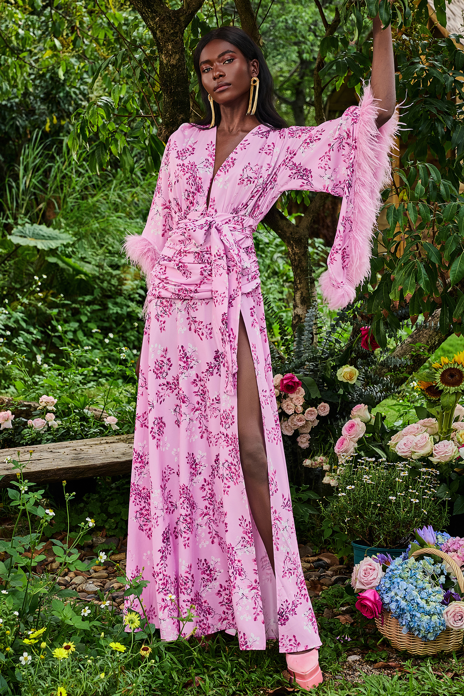 Feather Floral Long Sleeve Split Maxi Dress