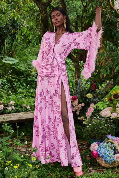 Feather Floral Long Sleeve Split Maxi Dress
