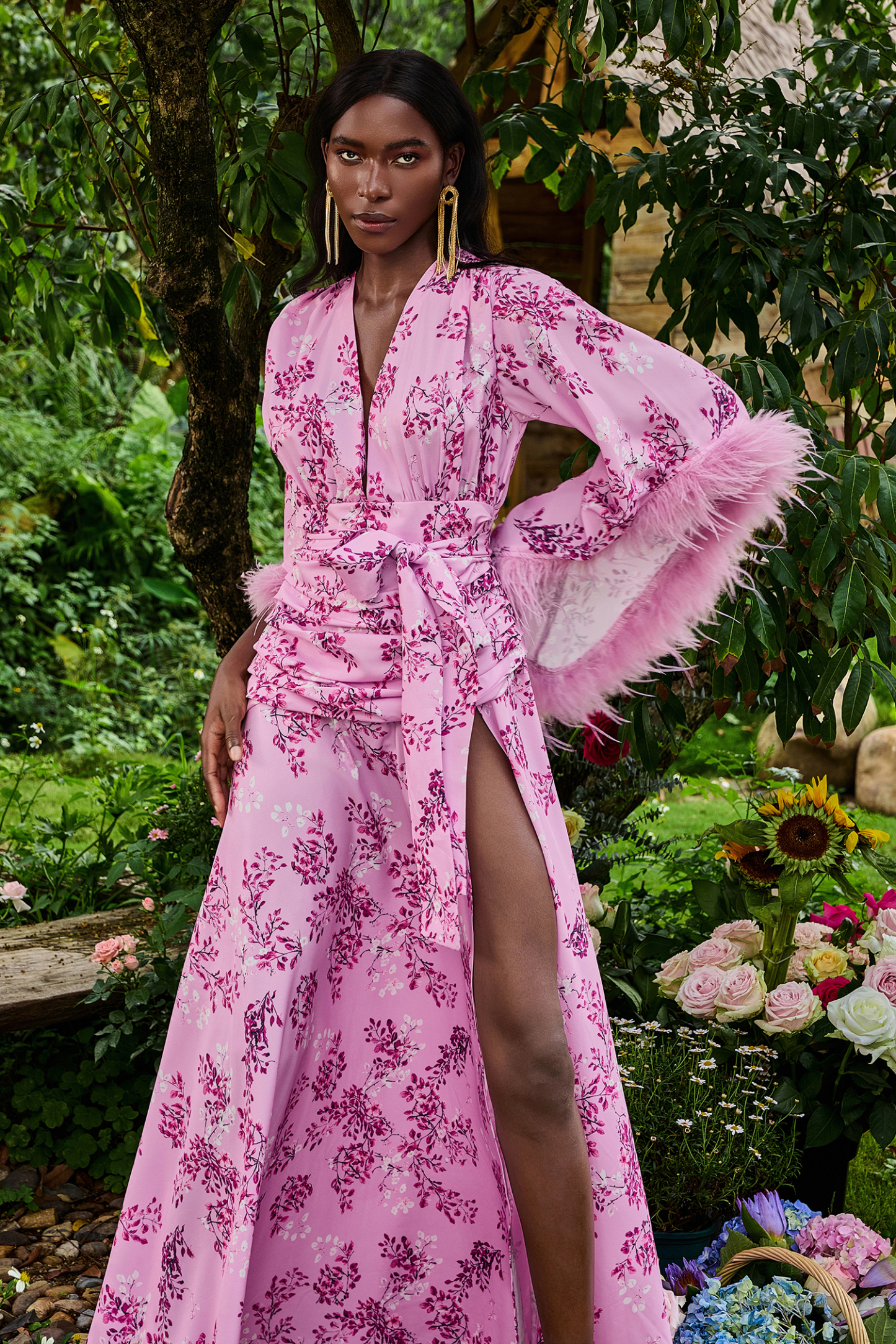 Feather Floral Long Sleeve Split Maxi Dress