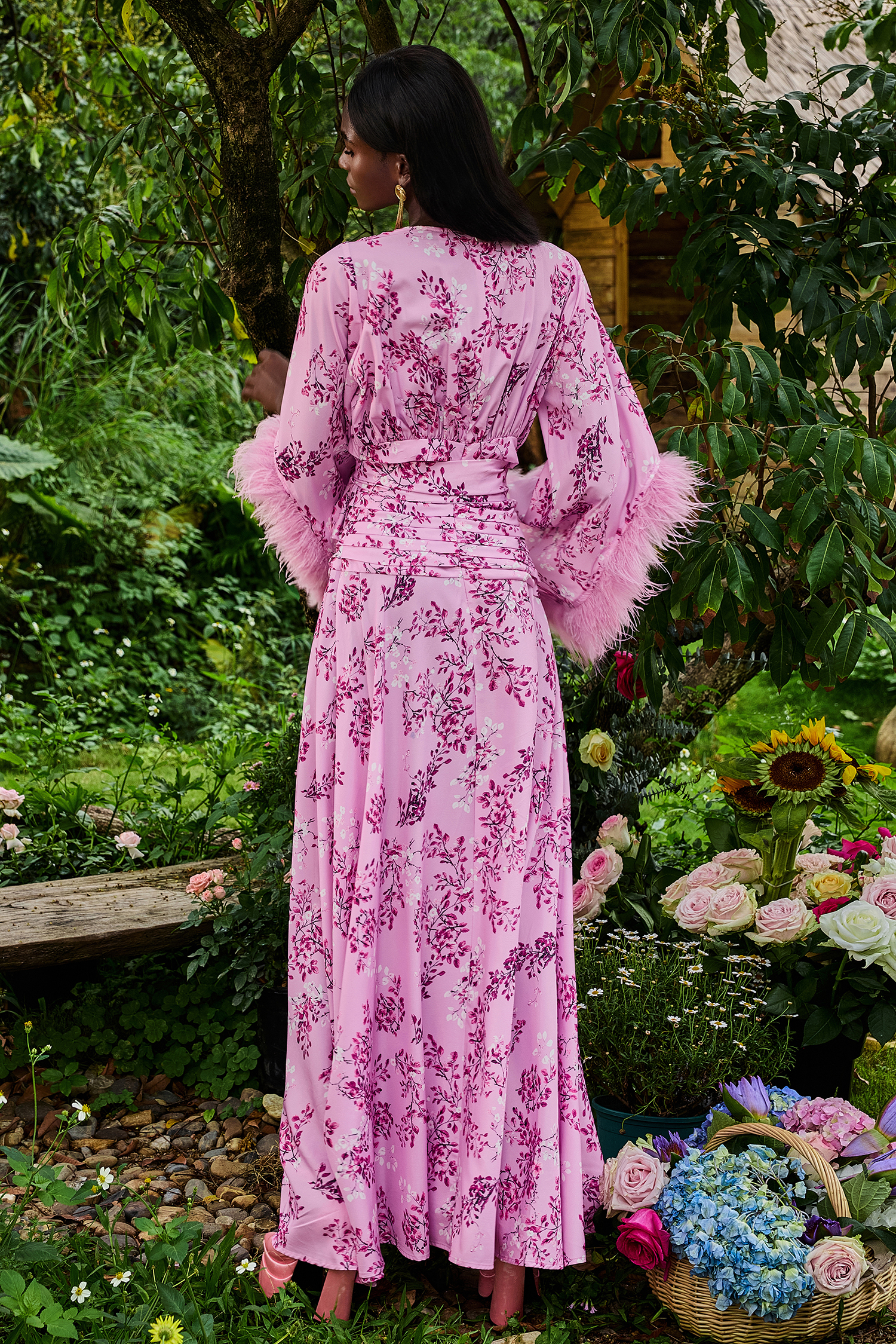Feather Floral Long Sleeve Split Maxi Dress
