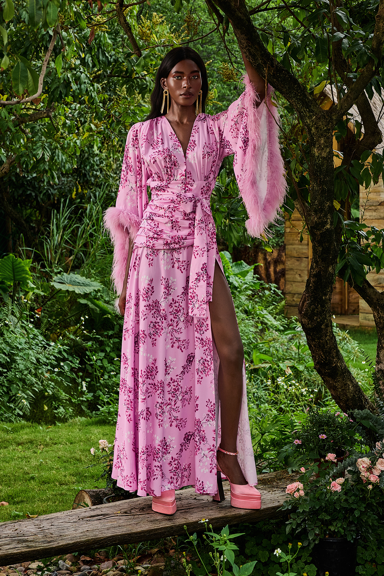 Feather Floral Long Sleeve Split Maxi Dress