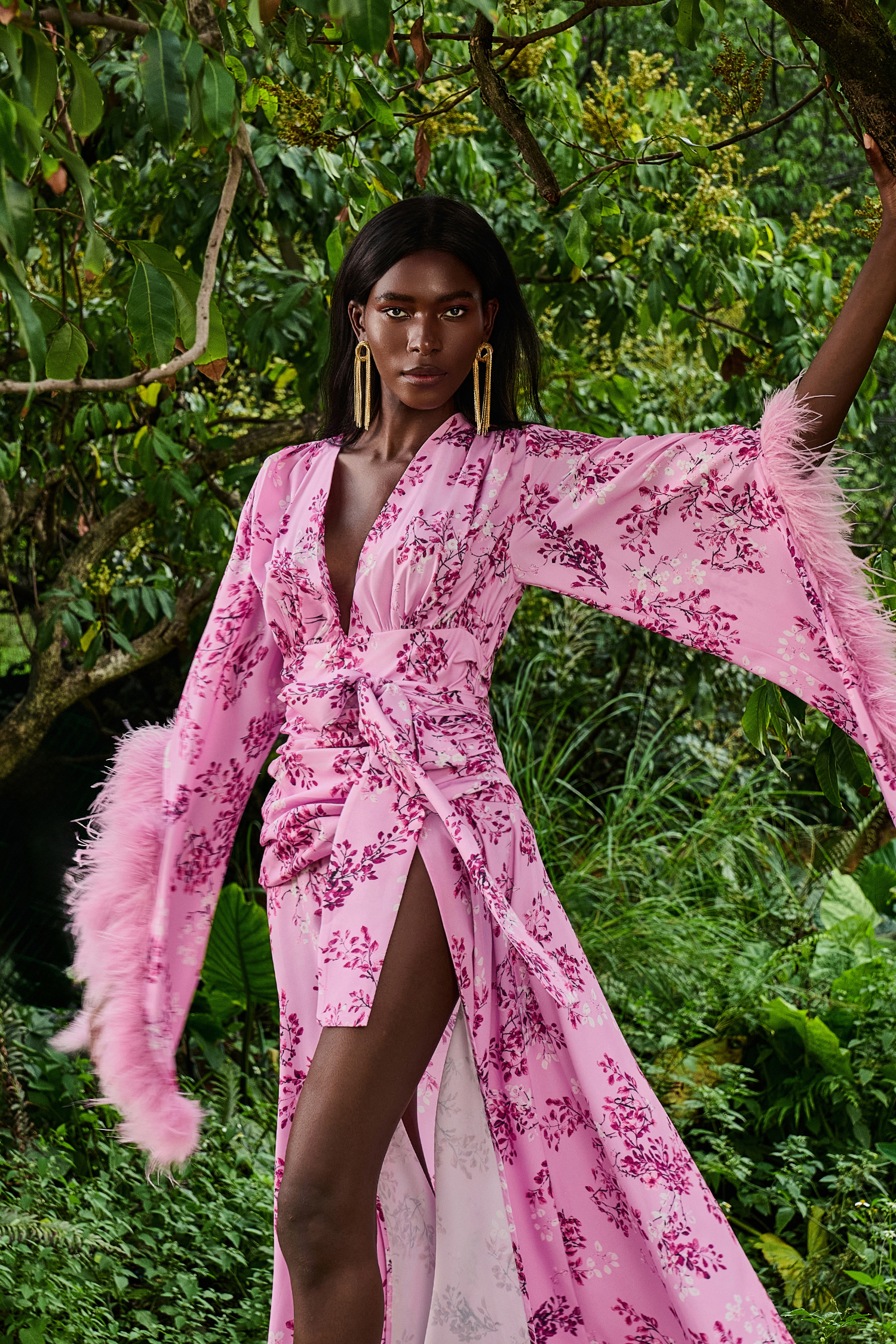 Feather Floral Long Sleeve Split Maxi Dress