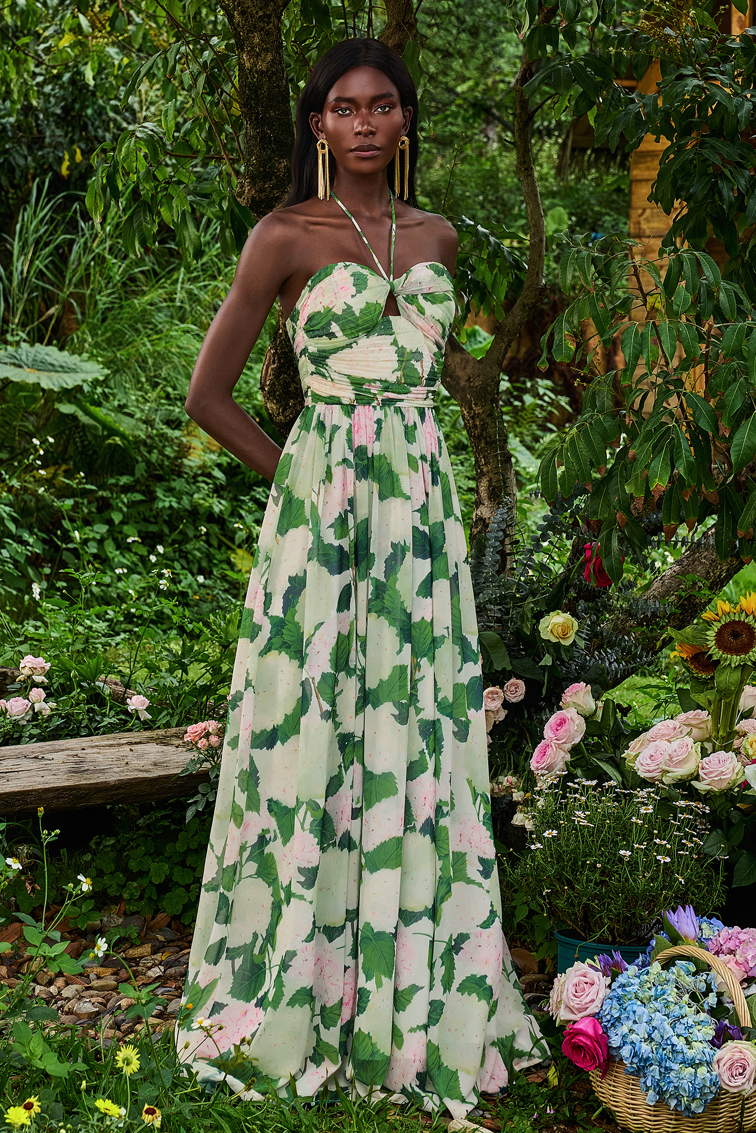 Floral Halter Neck Pleat Maxi Dress