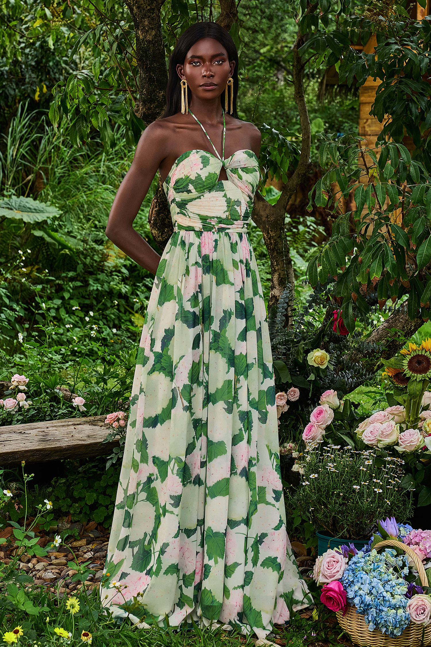 Floral Halter Neck Pleat Maxi Dress
