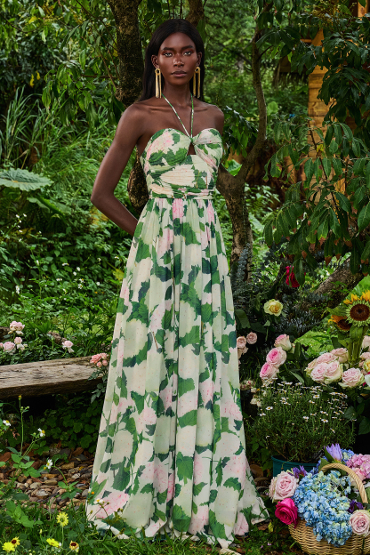 Floral Halter Neck Pleat Maxi Dress