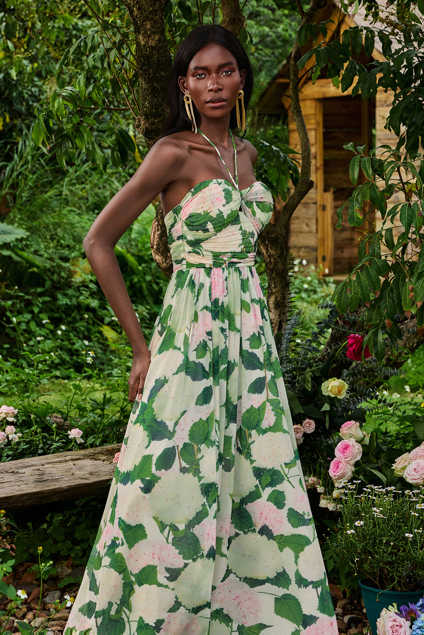 Floral Halter Neck Pleat Maxi Dress