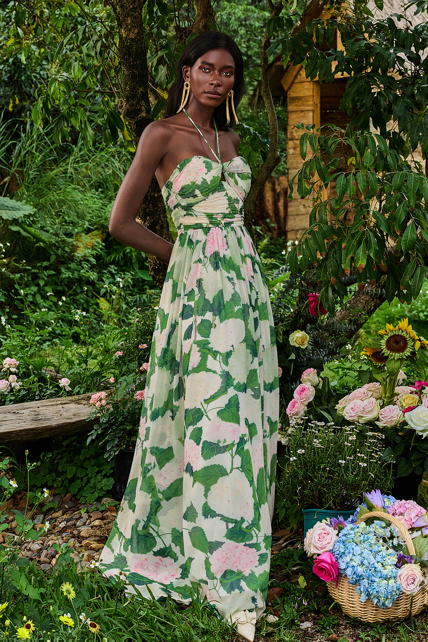 Floral Halter Neck Pleat Maxi Dress