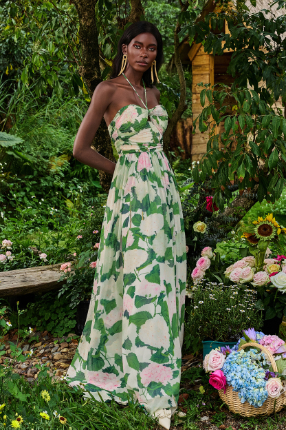 Floral Halter Neck Pleat Maxi Dress