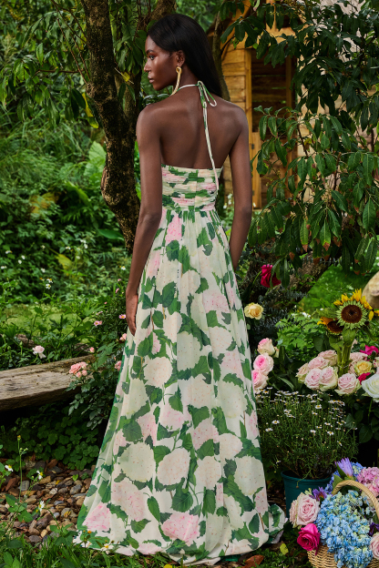 Floral Halter Neck Pleat Maxi Dress