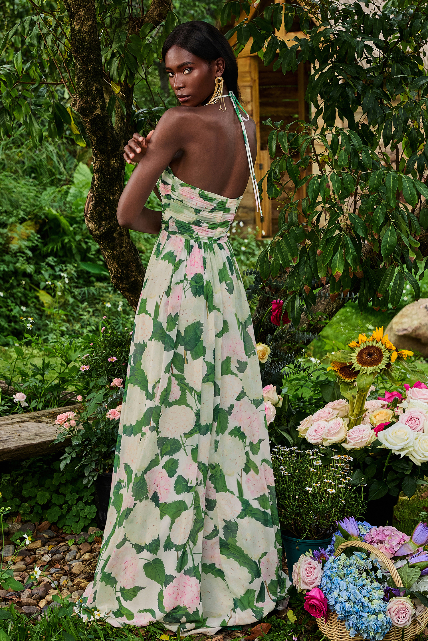 Floral Halter Neck Pleat Maxi Dress