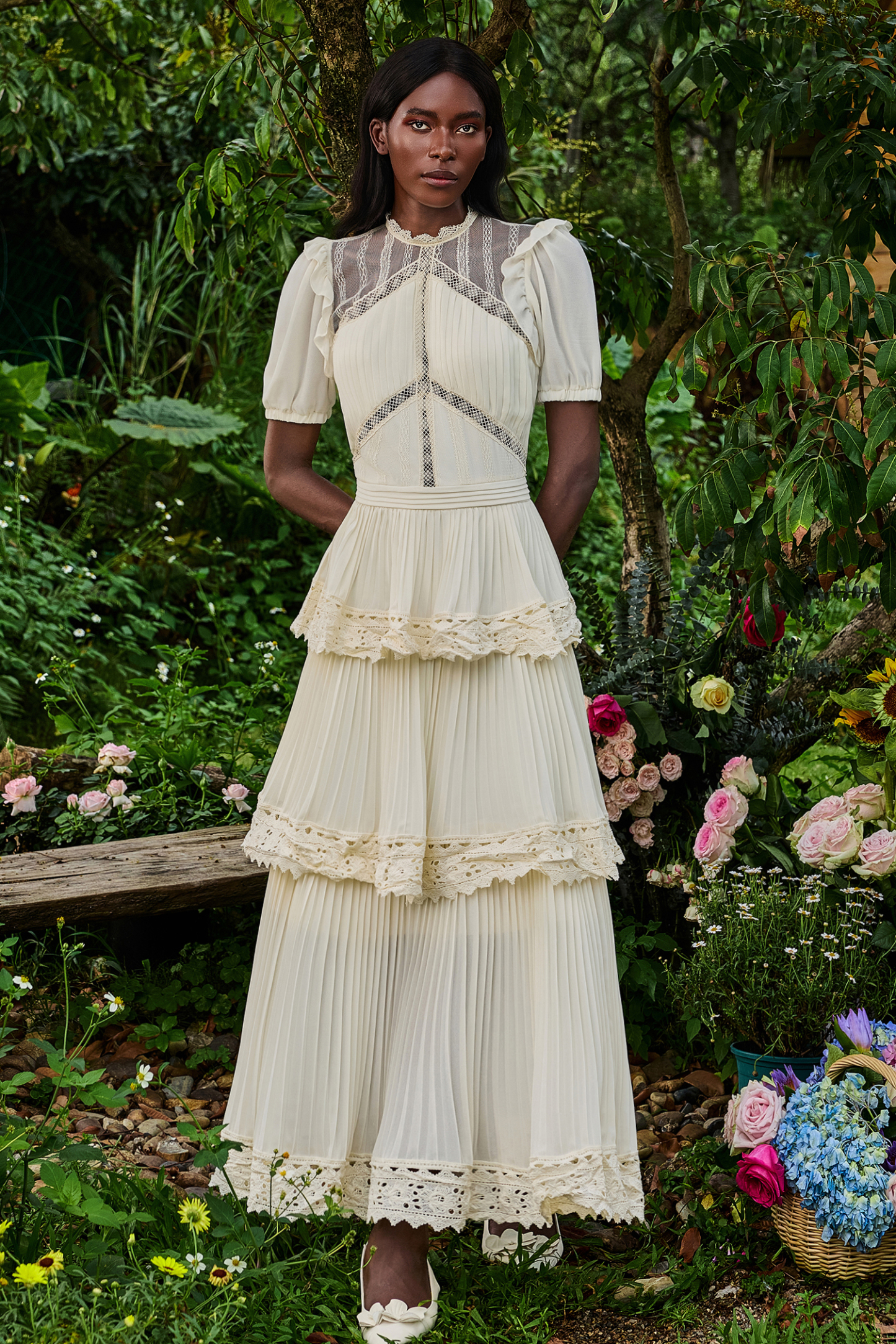 Solid Lace Ruffle Midi Dress