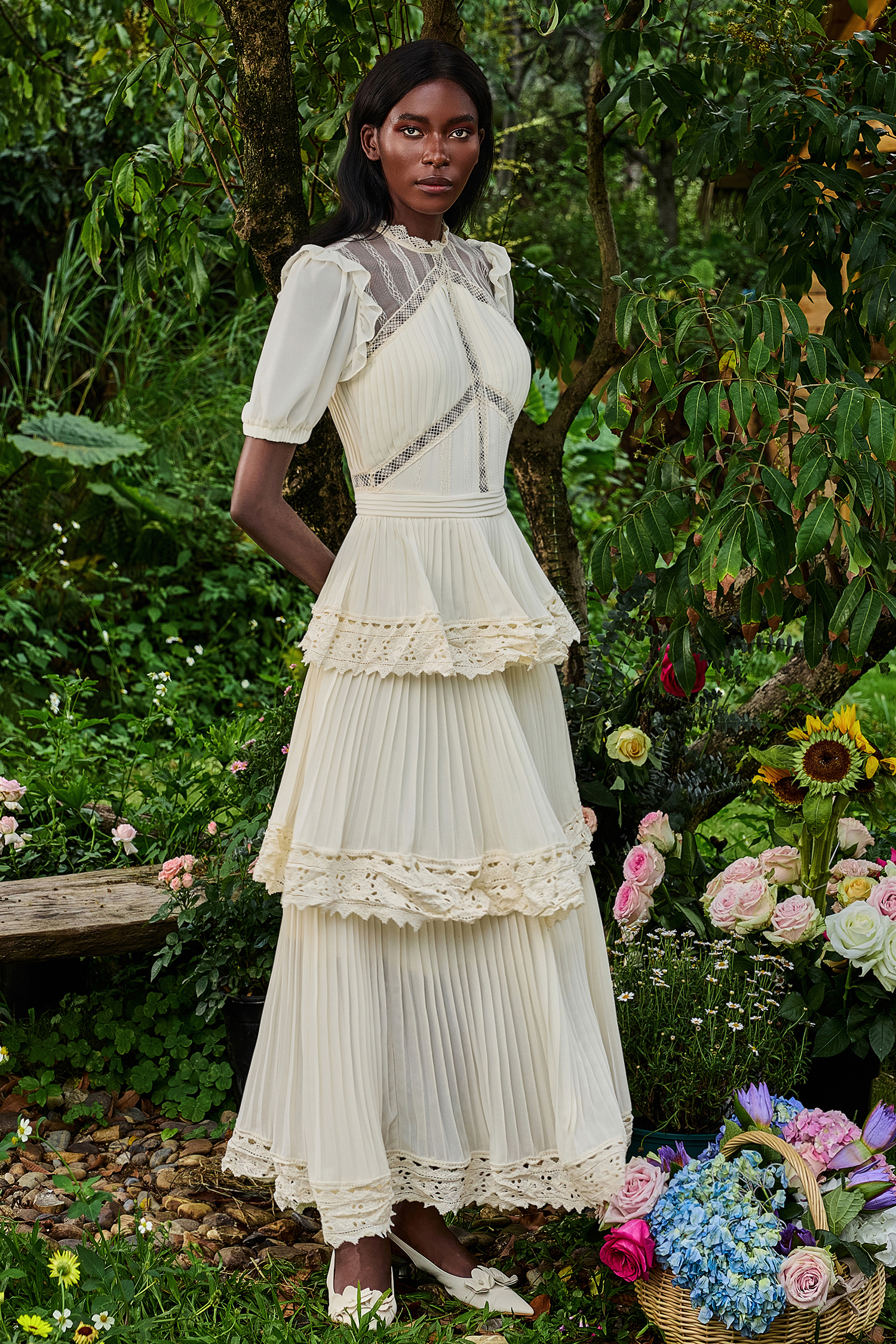 Solid Lace Ruffle Midi Dress