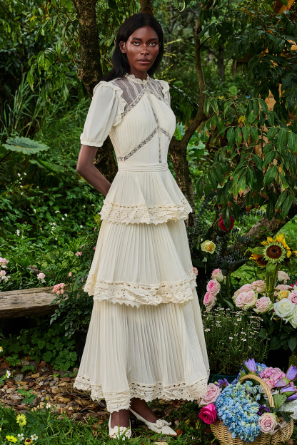 Solid Lace Ruffle Midi Dress