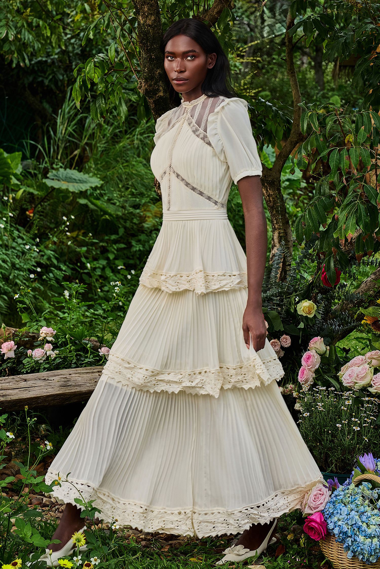 Solid Lace Ruffle Midi Dress