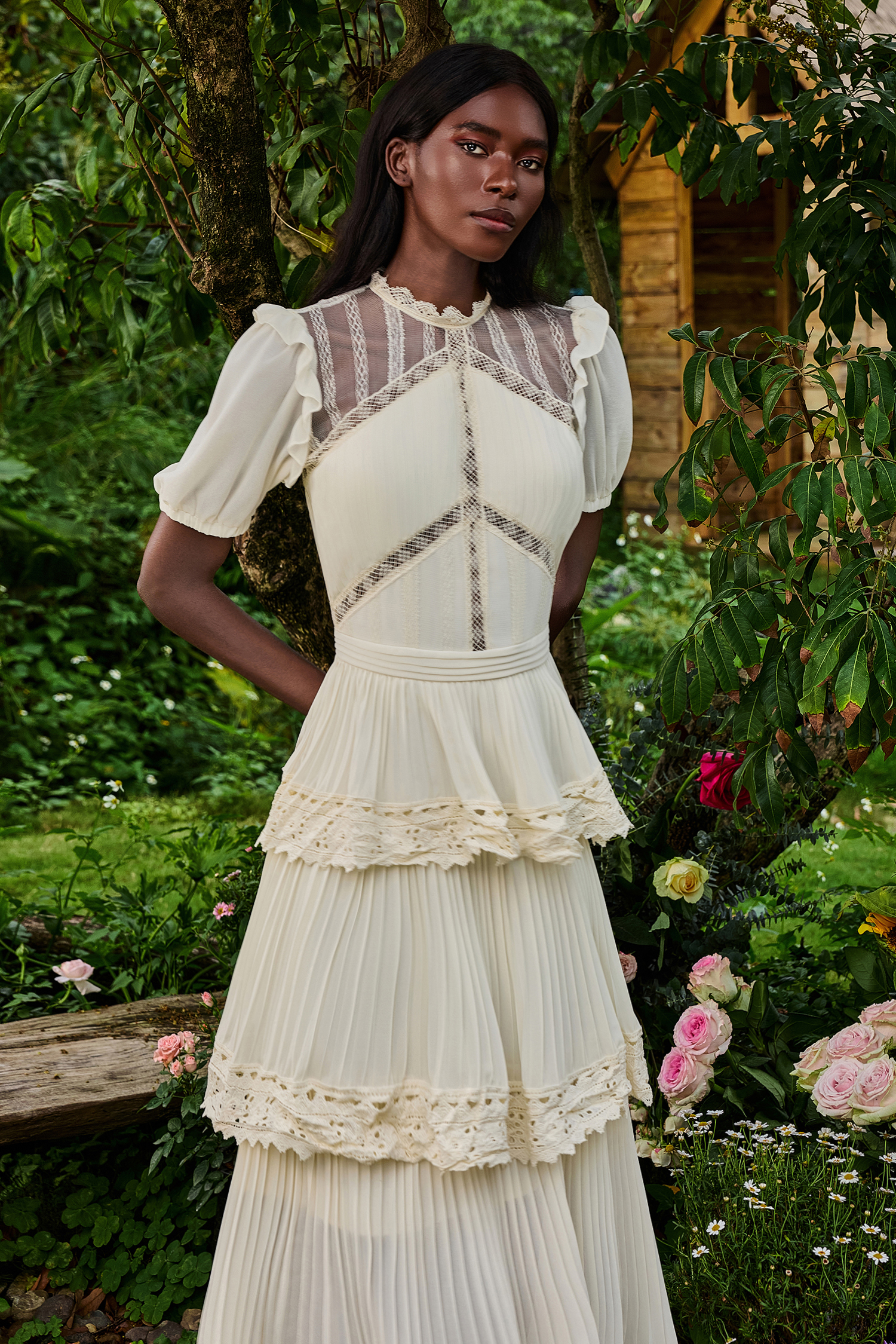 Solid Lace Ruffle Midi Dress