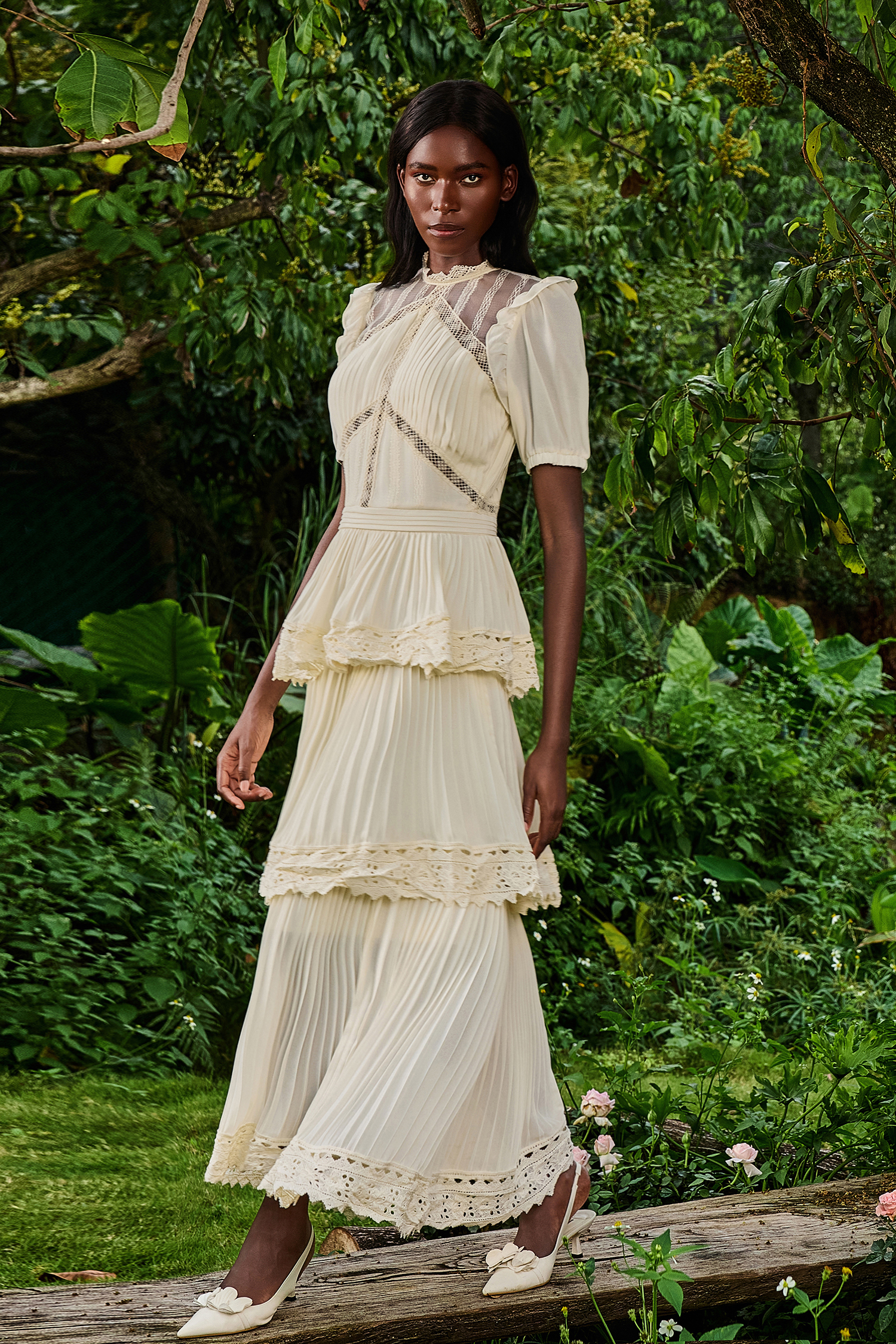 Solid Lace Ruffle Midi Dress