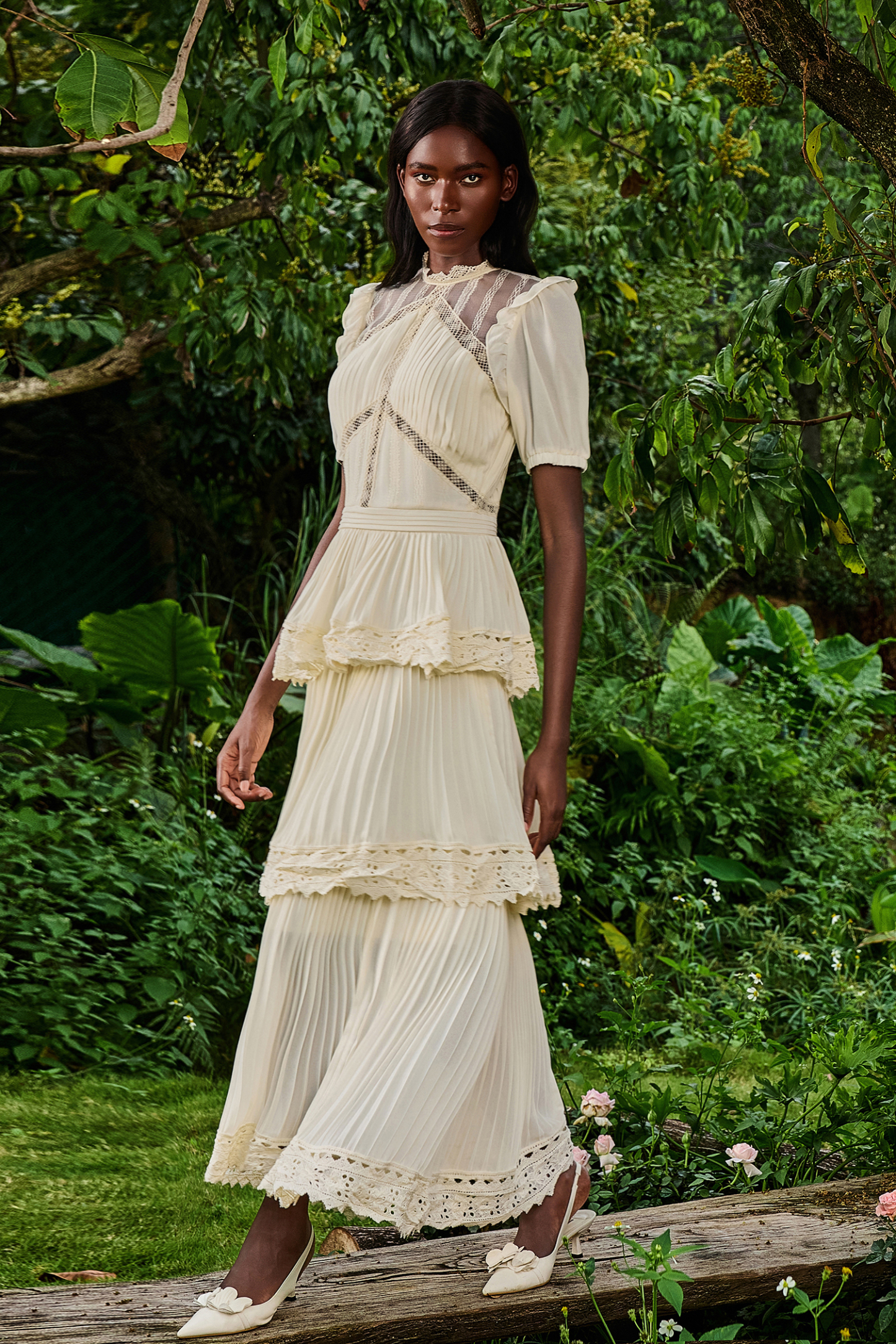 Solid Lace Ruffle Midi Dress