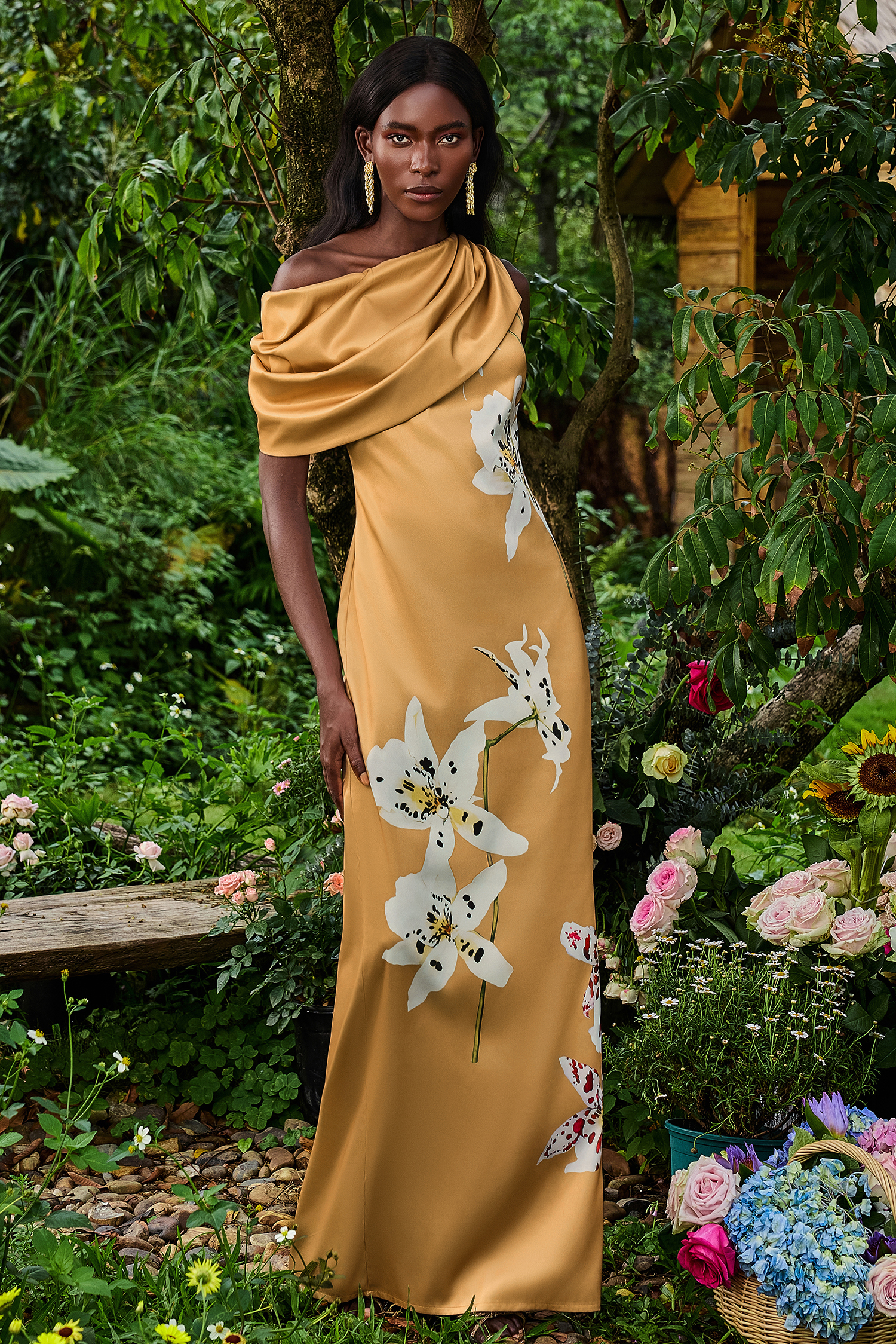 Satin Asymmetrical Neck Floral Maxi Dress