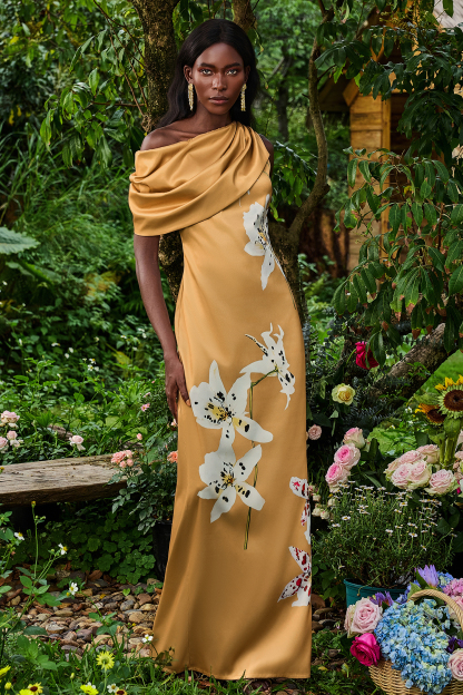 Satin Asymmetrical Neck Floral Maxi Dress