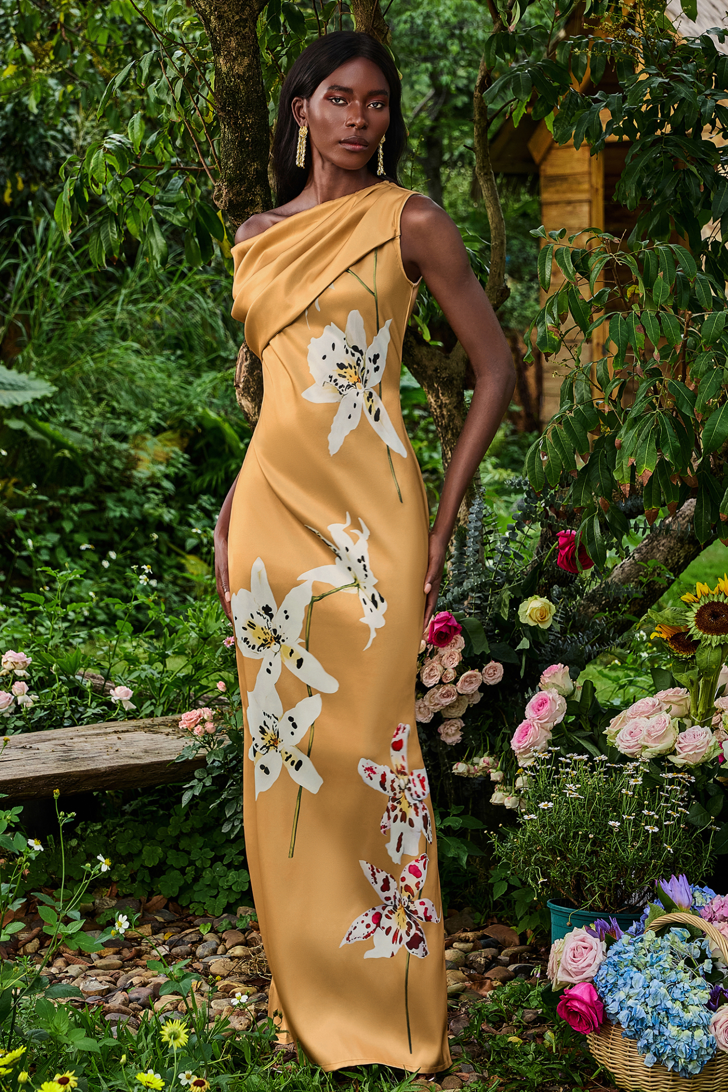Satin Asymmetrical Neck Floral Maxi Dress