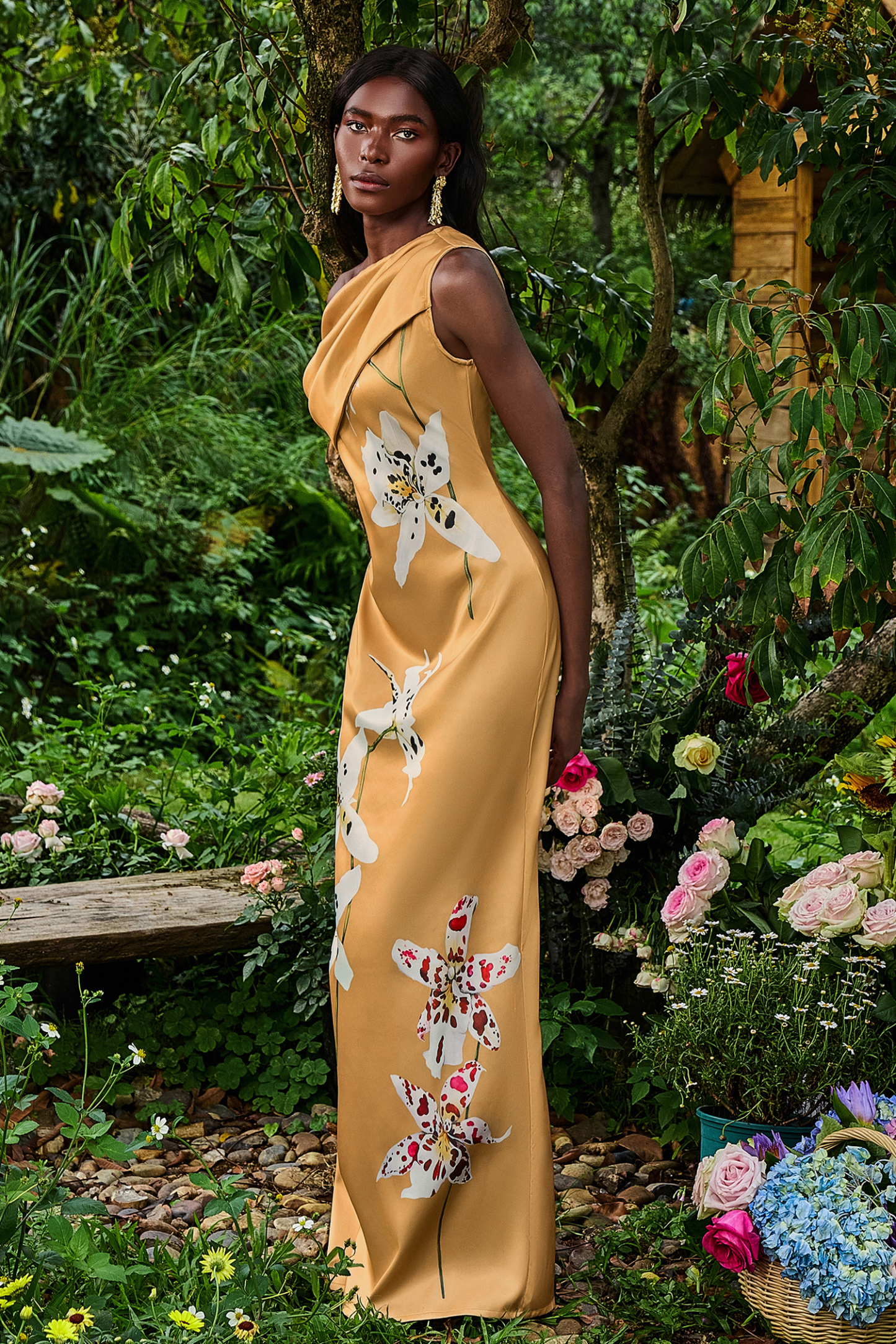 Satin Asymmetrical Neck Floral Maxi Dress