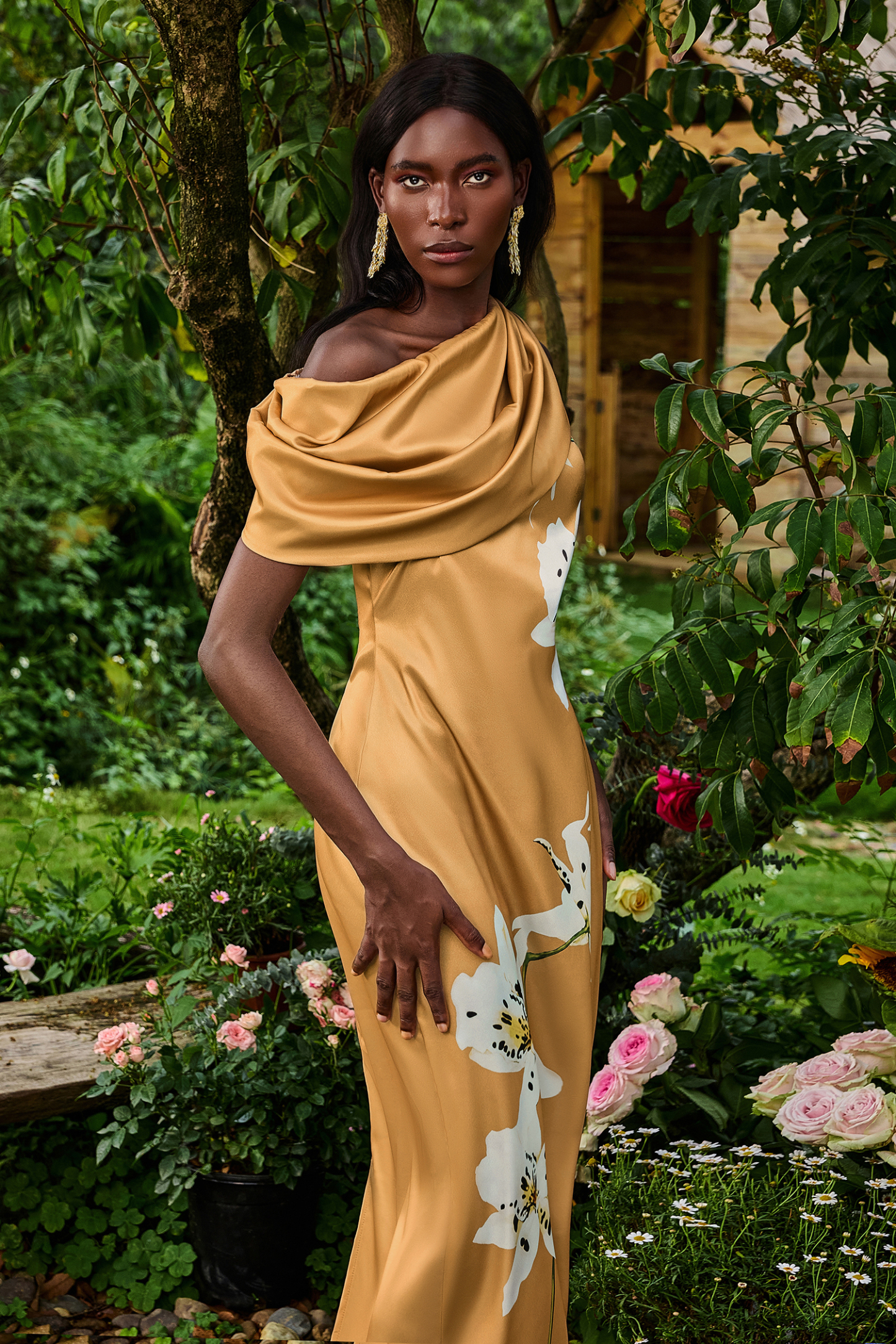 Satin Asymmetrical Neck Floral Maxi Dress