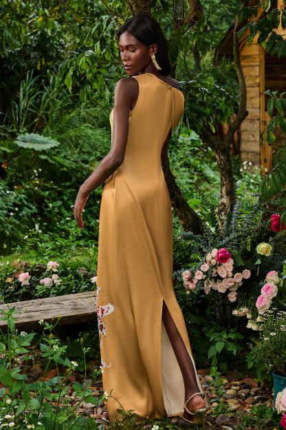 Satin Asymmetrical Neck Floral Maxi Dress