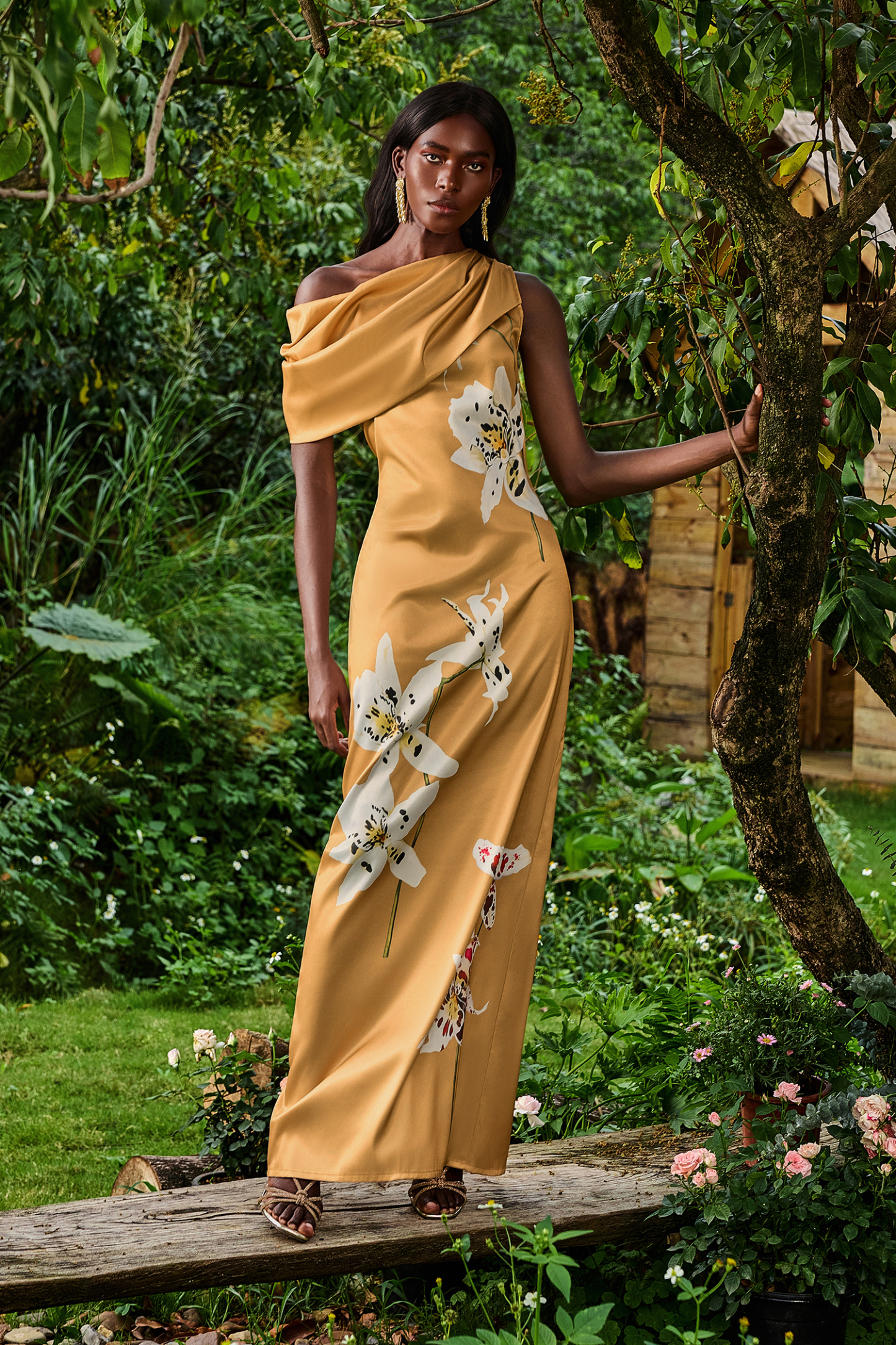 Satin Asymmetrical Neck Floral Maxi Dress