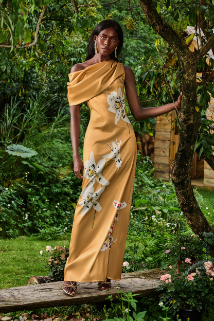 Satin Asymmetrical Neck Floral Maxi Dress