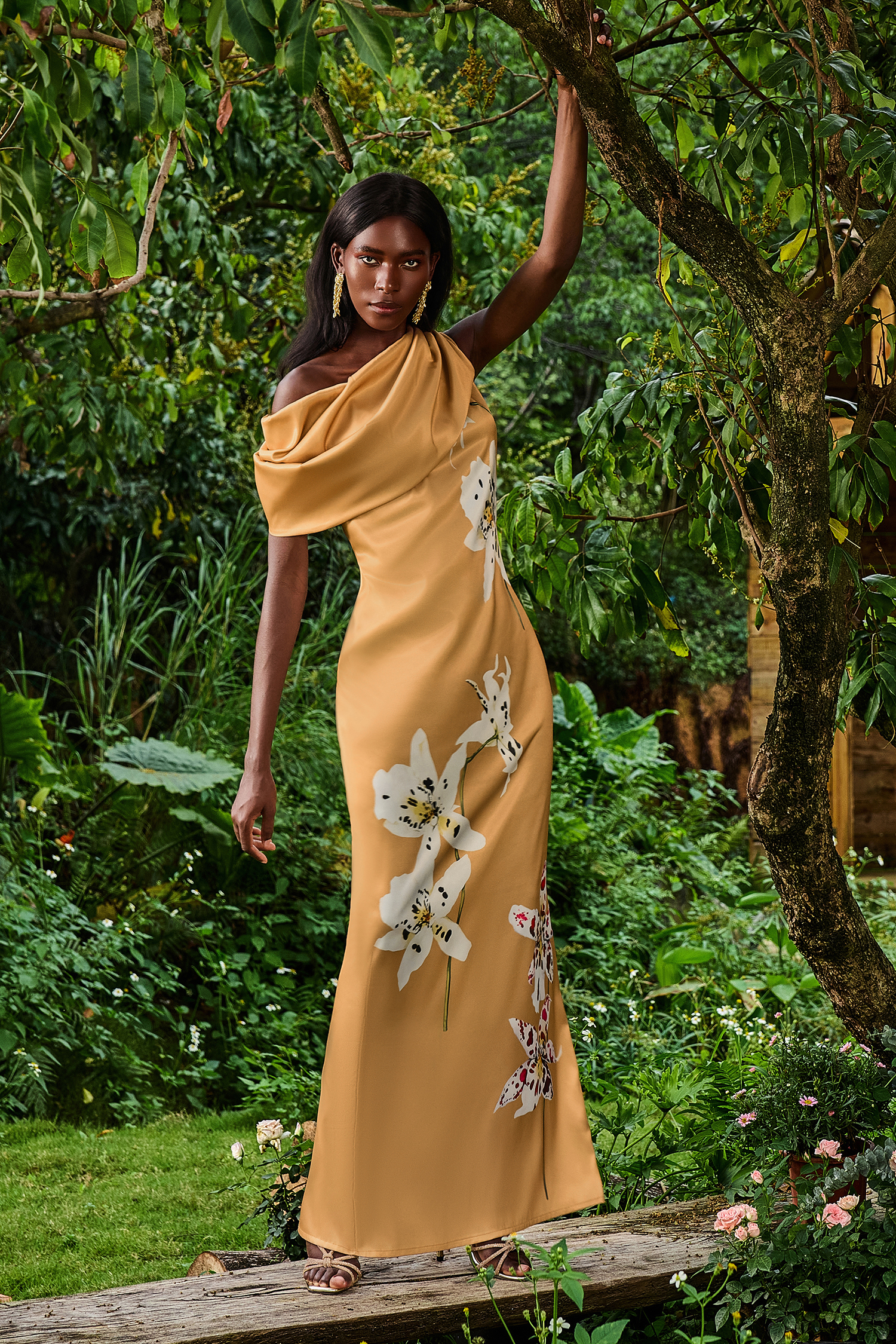 Satin Asymmetrical Neck Floral Maxi Dress